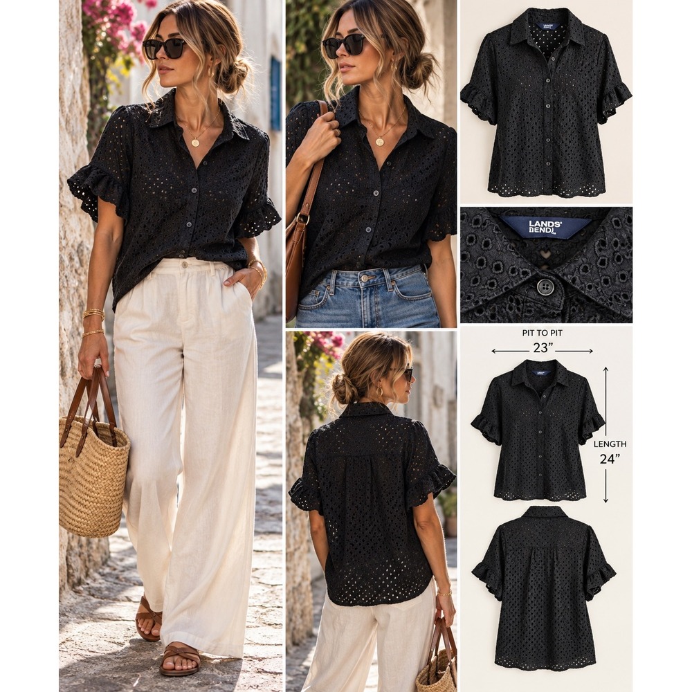 Lands' End Eyelet Blouse Women XL 18 Black Cotton Ruffle Sleeve Coastal Resort
